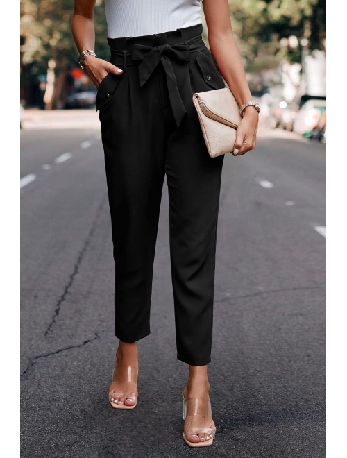 PRETTYGARDEN Women's Casual Long Pants High Waist Belted Paper Bag Work Pant Trousers with Pockets