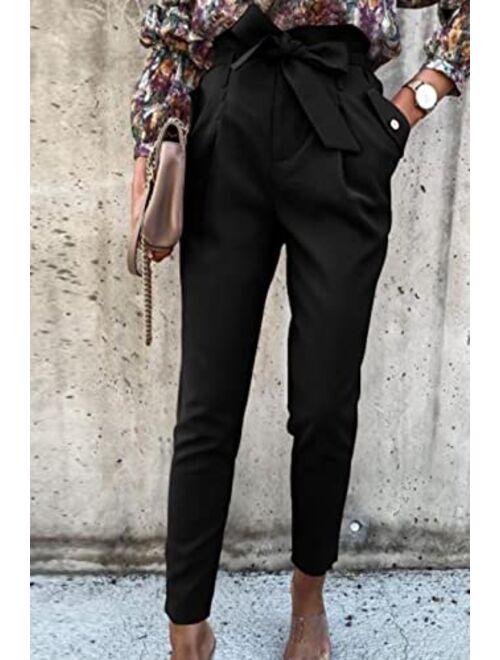 PRETTYGARDEN Women's Casual Long Pants High Waist Belted Paper Bag Work Pant Trousers with Pockets