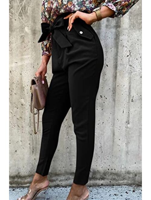 PRETTYGARDEN Women's Casual Long Pants High Waist Belted Paper Bag Work Pant Trousers with Pockets