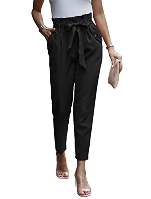 PRETTYGARDEN Women's Casual Long Pants High Waist Belted Paper Bag Work Pant Trousers with Pockets