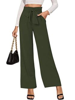 LilyCoco Wide Leg Pants for Women High Waist Dressy Bow Tie Pant Work Business Casual Trousers with Pockets