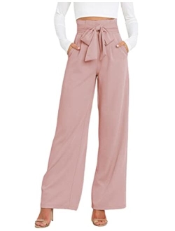 Hooever Women's High Waist Pants Casual Pockets Belted Wide Leg Palazzo Trousers