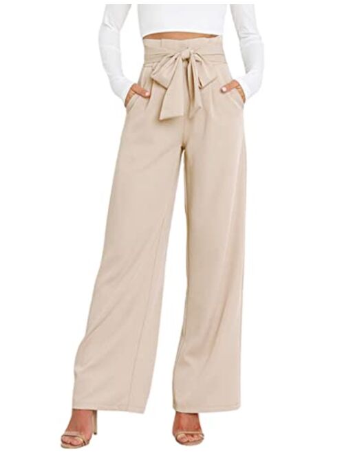 Hooever Women's High Waist Pants Casual Pockets Belted Wide Leg Palazzo Trousers