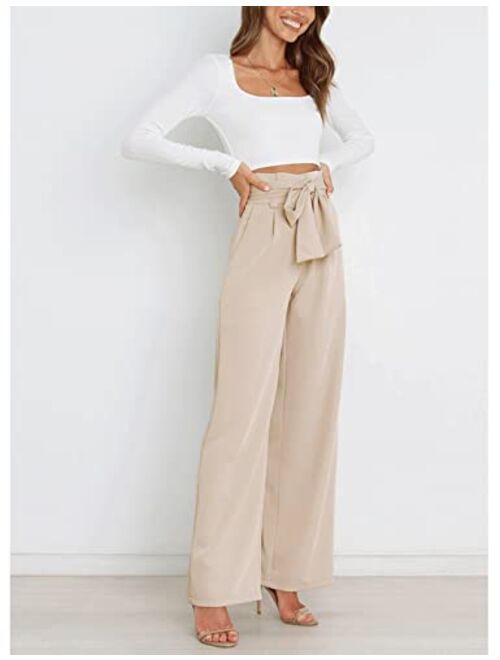Hooever Women's High Waist Pants Casual Pockets Belted Wide Leg Palazzo Trousers