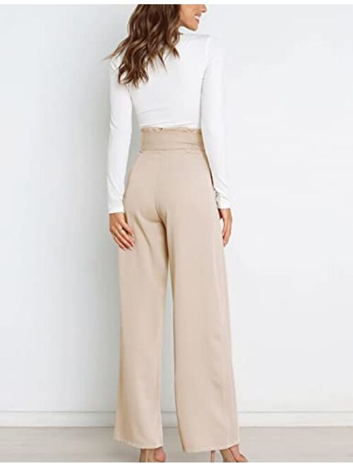 Hooever Women's High Waist Pants Casual Pockets Belted Wide Leg Palazzo Trousers