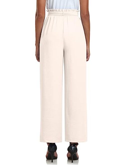 Findsweet Womens Wide Leg Pants Drawstring High Waist Loose Casual Pants Long Straight Belted Pants Trousers with Pockets