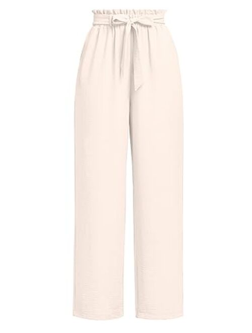 Findsweet Womens Wide Leg Pants Drawstring High Waist Loose Casual Pants Long Straight Belted Pants Trousers with Pockets