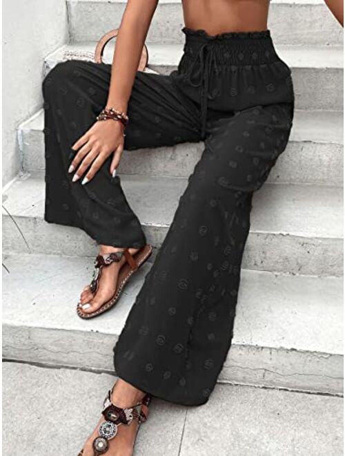 SweatyRocks Women's Swiss Dots Paperbag Waist Trousers Tie Front High Waist Wide Leg Pants