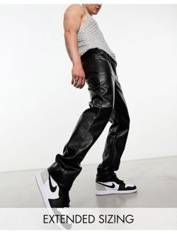 straight leather look drawstring pants in black