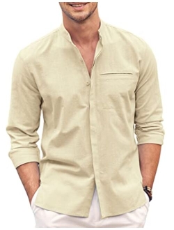Mens Cotton Linen Shirt Long Sleeve Button Down Shirt Band Collar Beach Yoga Shirts