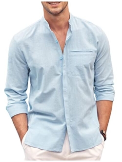 Mens Cotton Linen Shirt Long Sleeve Button Down Shirt Band Collar Beach Yoga Shirts