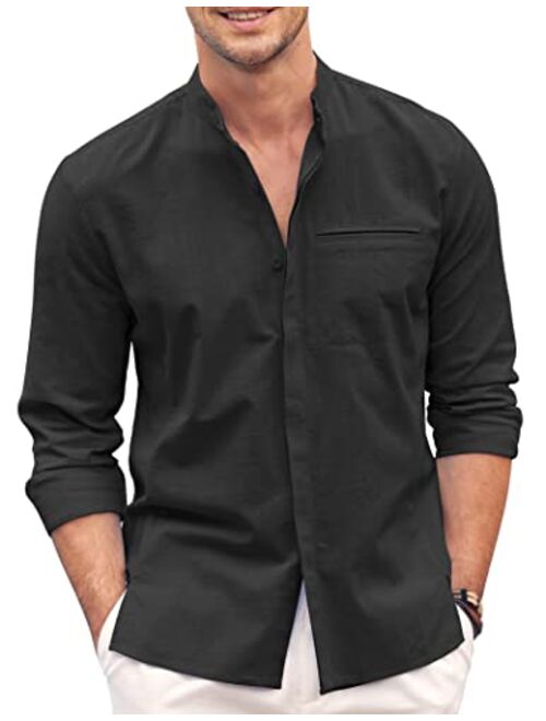 COOFANDY Mens Cotton Linen Shirt Long Sleeve Button Down Shirt Band Collar Beach Yoga Shirts