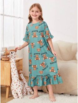 Kids Nujoom Girls Bear & Slogan Graphic Ruffle Trim Nightdress