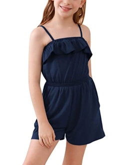 GORLYA Girls Elegant Straped Jumpsuit Rompers Casual Ruffle Trim Overlay Jumpers Short Outfits 4-14T