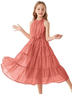 Girls Halter Neck Sleeveless Casual A-line Flowy Maxi Dress for 5-12 Years
