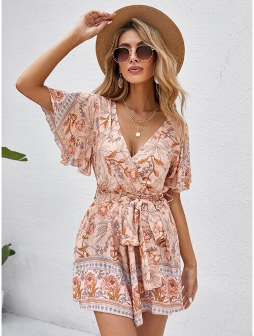 SHEIN VCAY Surplice Front Allover Floral Belted Romper