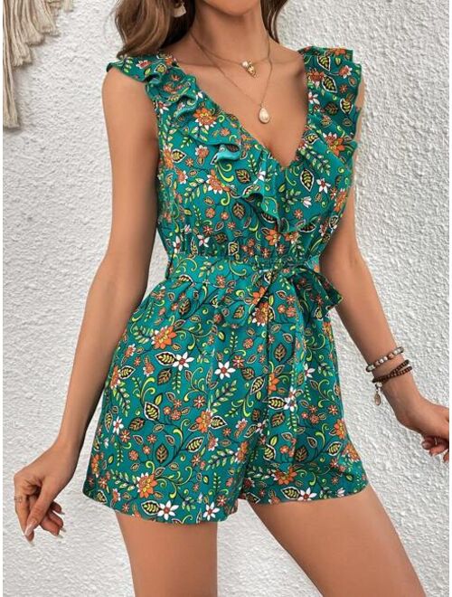 SHEIN VCAY Allover Floral Print Ruffle Trim Belted Romper