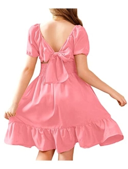 Girls Tie Back Short Sleeve Ruffle Hem Off Shoulder Casual Elegant Dresses 4-12 Years