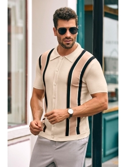 Runcati Mens Short Sleeve Polo Shirts Vintage Button Down Bowling Shirt Lightweight Striped Knitting Retro Golf Tops