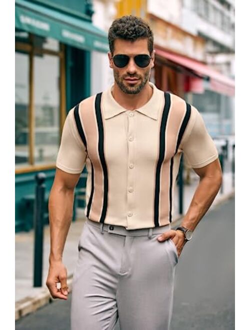 Runcati Mens Short Sleeve Polo Shirts Vintage Button Down Bowling Shirt Lightweight Striped Knitting Retro Golf Tops