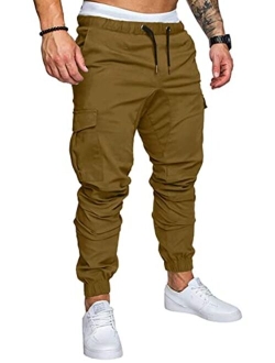 JMIERR Mens Fashion Cargo Pants - Casual Cotton Tapered Stretch Twill Drawstring Athletic Joggers Sweatpants with 6 Pockets