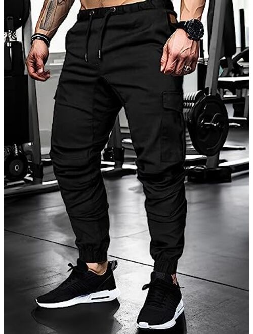 JMIERR Mens Fashion Cargo Pants - Casual Cotton Tapered Stretch Twill Drawstring Athletic Joggers Sweatpants with 6 Pockets