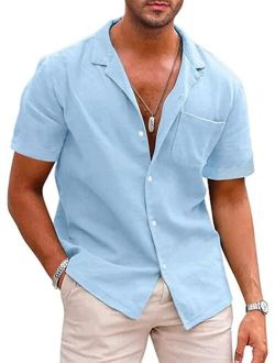 JMIERR Hawaiian Shirts for Men Casual Stylish Cotton Linen Button Up Beach Shirts Short Sleeve Resort Shirts with Pocket