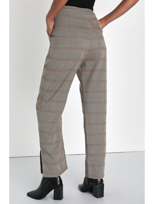 Lulus Cause for Promotion Taupe and Red Plaid High Waisted Pants