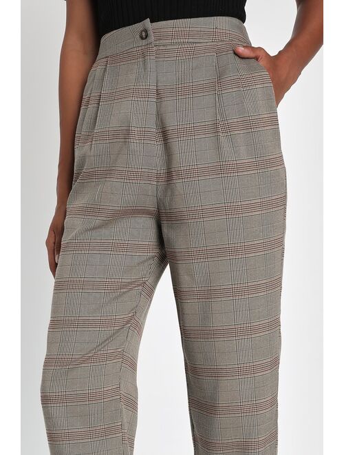 Lulus Cause for Promotion Taupe and Red Plaid High Waisted Pants