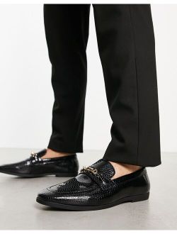 loafers in black faux croc with gold snaffle