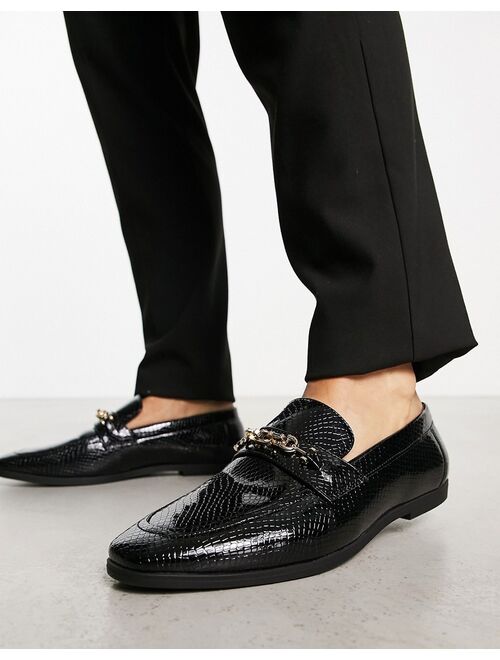 ASOS DESIGN loafers in black faux croc with gold snaffle