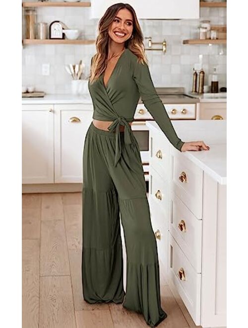 PRETTYGARDEN Women's 2 Piece Lounge Sets 2023 Long Sleeve Tie Front V Neck Crop Tops Wide Leg Pants Casual Outfits