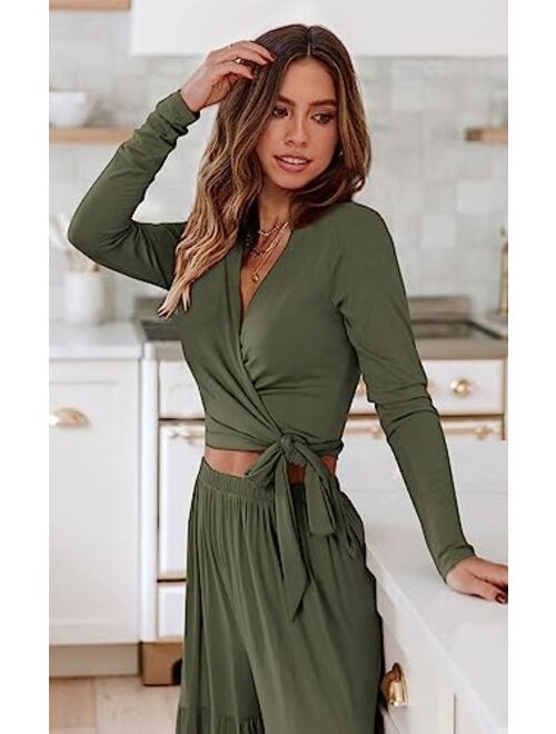 PRETTYGARDEN Women's 2 Piece Lounge Sets 2023 Long Sleeve Tie Front V Neck Crop Tops Wide Leg Pants Casual Outfits