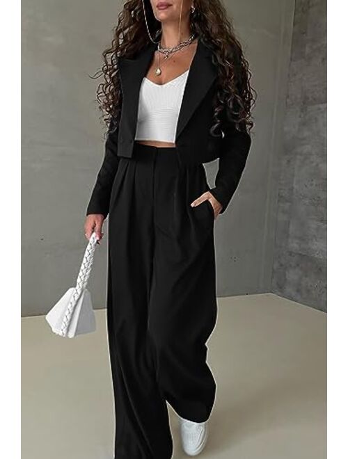 PRETTYGARDEN Women's 2 Piece Casual Outfits Cropped Blazer Jackets High Waisted Wide Leg Work Pants Suit Set