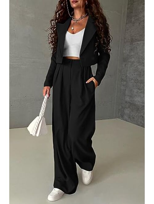 PRETTYGARDEN Women's 2 Piece Casual Outfits Cropped Blazer Jackets High Waisted Wide Leg Work Pants Suit Set