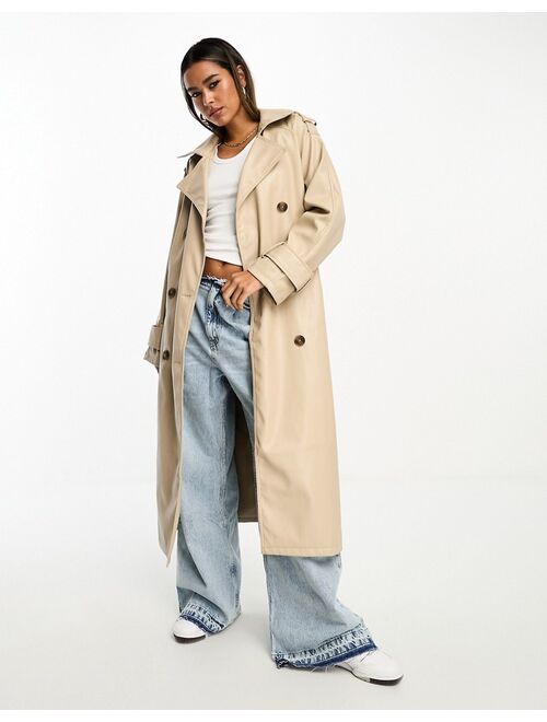 ASOS DESIGN faux leather trench coat in stone