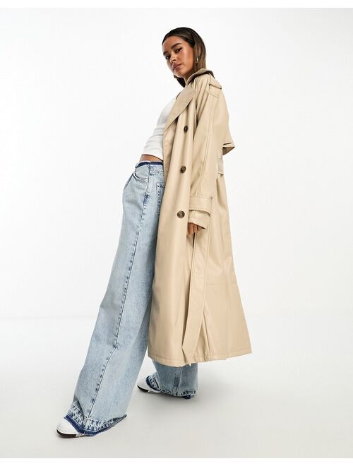 ASOS DESIGN faux leather trench coat in stone
