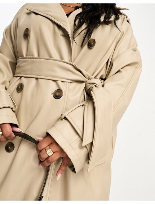 ASOS Curve ASOS DESIGN Curve faux leather trench coat in stone