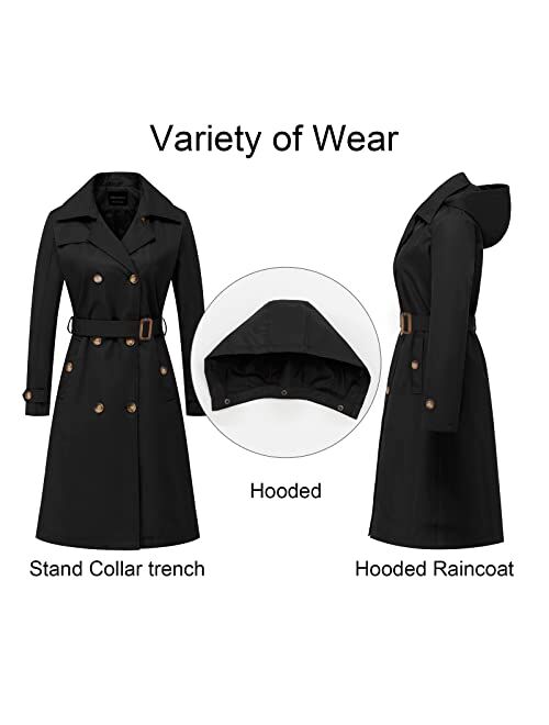CREATMO US Women's Long Trench Coat Double-Breasted Classic Lapel Overcoat Belted Slim Outerwear Coat with Detachable Hood