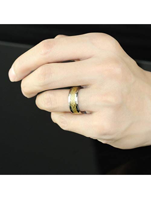 CASDAN 6Pcs 8mm Stainless Steel Rings for Men Celtic Dragon Beveled Edges Celtic Black Rings Carbide Wedding Band Ring Set, Size 7-12