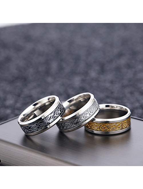 CASDAN 6Pcs 8mm Stainless Steel Rings for Men Celtic Dragon Beveled Edges Celtic Black Rings Carbide Wedding Band Ring Set, Size 7-12
