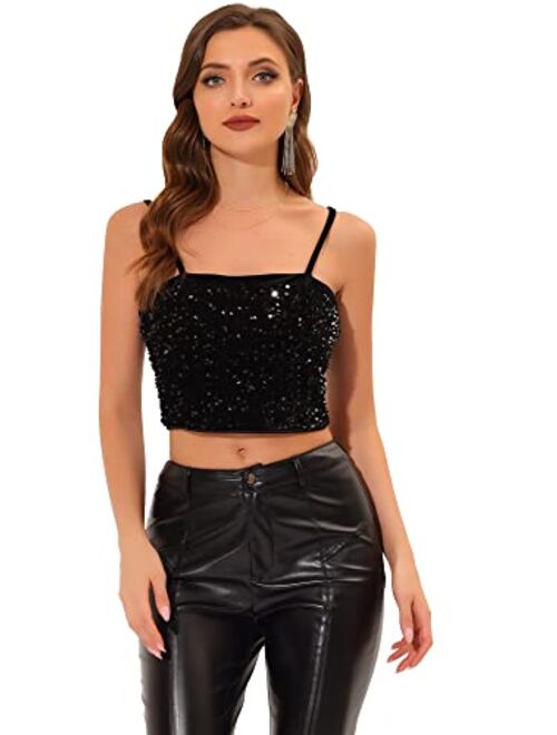 Allegra K Sequined Cami Top for Women's Velvet Spaghetti Strap Club Party Crop Tank Tops