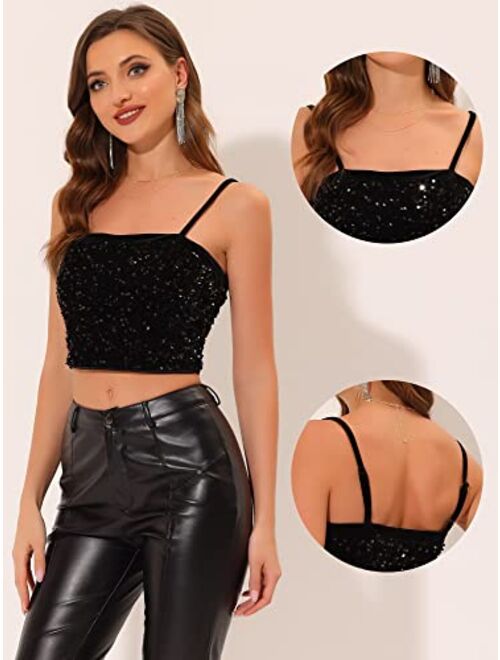 Allegra K Sequined Cami Top for Women's Velvet Spaghetti Strap Club Party Crop Tank Tops