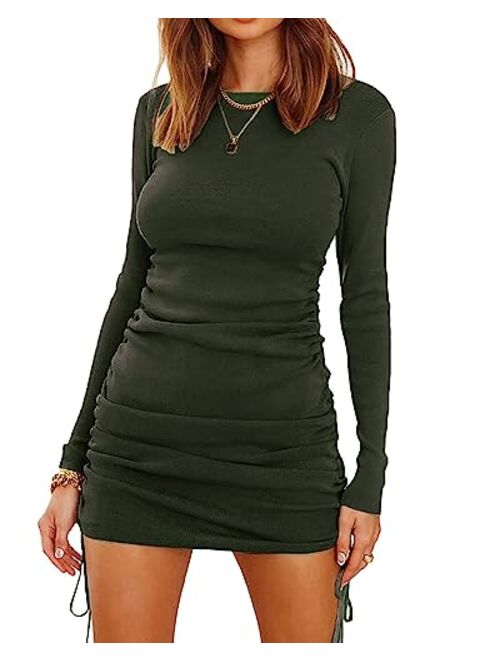 BTFBM Women Ruched Bodycon Drawstring Fall Dress Plain Solid Crew Neck Long Sleeve Casual Stretch Knit Tight Short Dresses