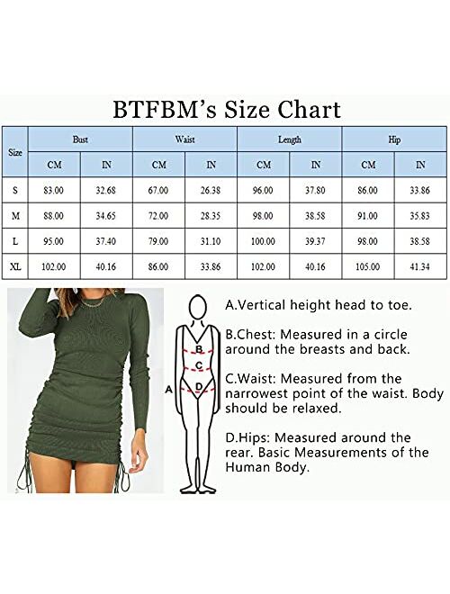 BTFBM Women Ruched Bodycon Drawstring Fall Dress Plain Solid Crew Neck Long Sleeve Casual Stretch Knit Tight Short Dresses