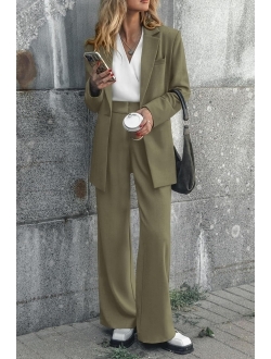Women's Two Piece Outfits Oversized Blazer Jacket and Wide Leg Pants Pockets Business Casual Suit Sets