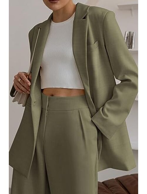 PRETTYGARDEN Women's Two Piece Outfits Oversized Blazer Jacket and Wide Leg Pants Pockets Business Casual Suit Sets