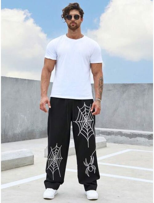Manfinity EMRG Men Spider Web Print Drawstring Waist Straight Leg Pants
