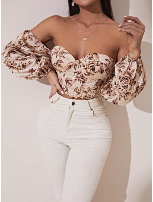 SHEIN SXY Off Shoulder Floral Print Lantern Sleeve Crop Top