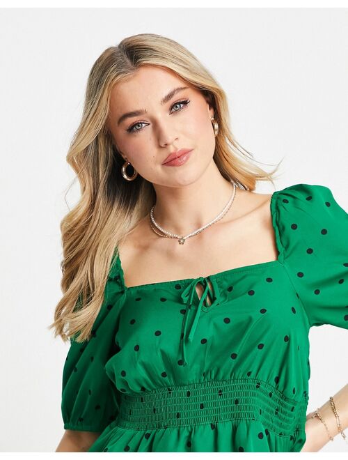 New Look square neck shirred blouse in green polka dot